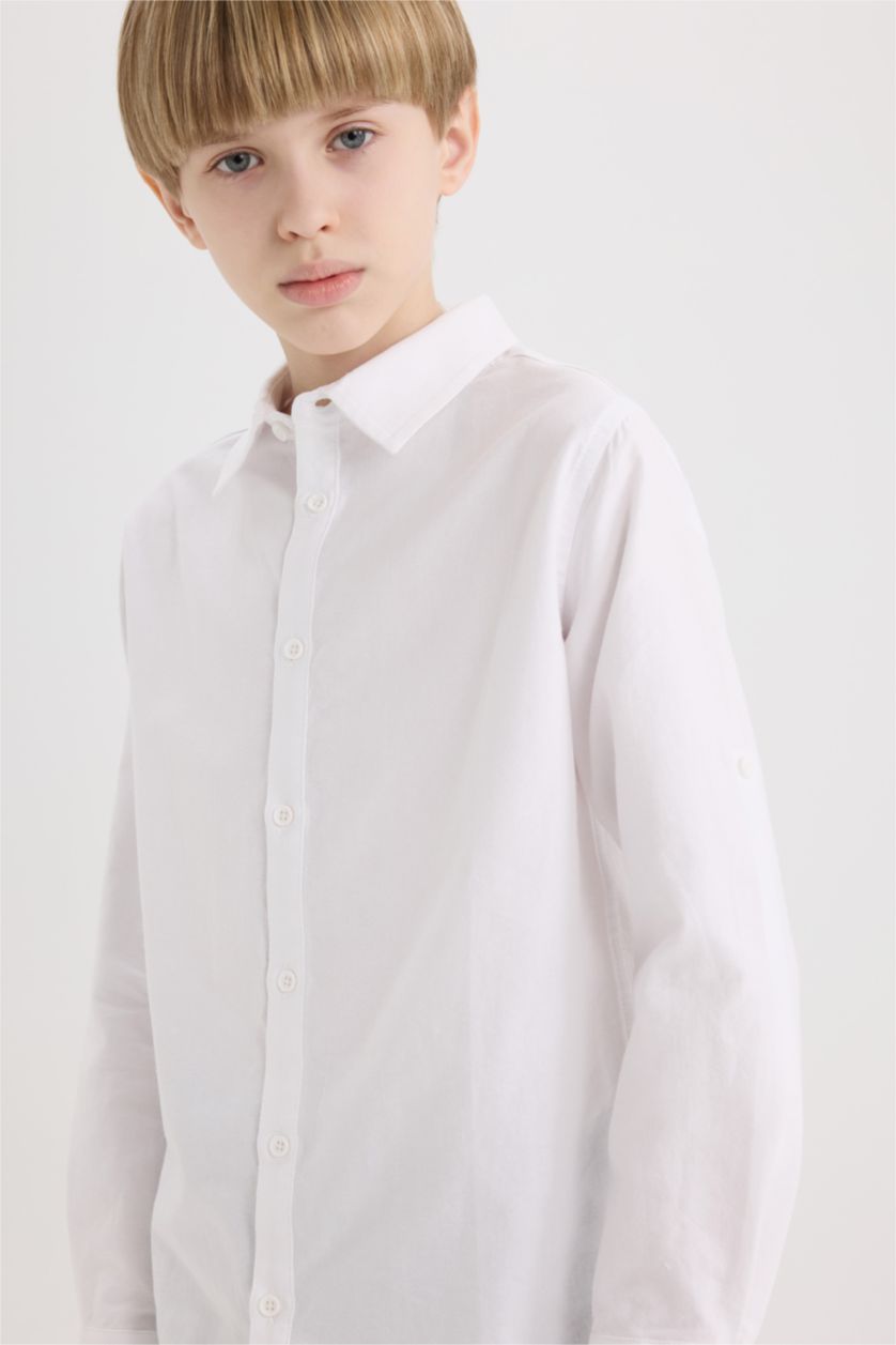 BOYS & TEENS White Boy Polo Neck Oxford Long Sleeve Shirt