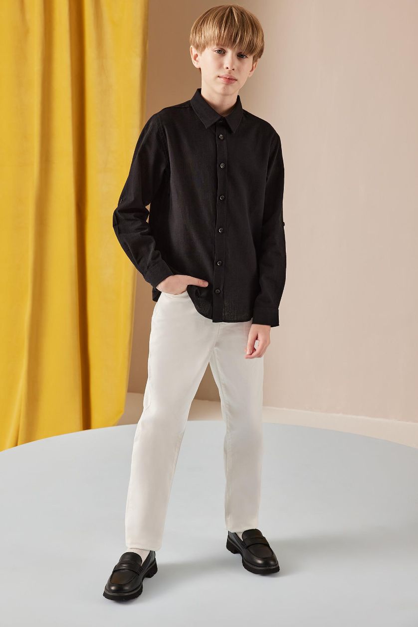 Erkek Çocuk - Genç Erkek Siyah Polo Yaka Keten Görünümlü Uzun Kollu Basic Düz Gömlek Erkek Çocuk