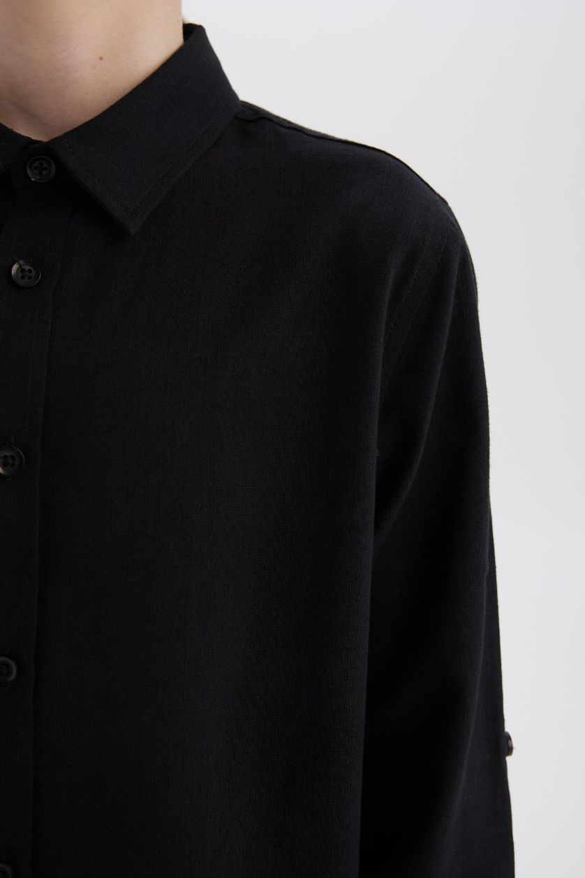 Erkek Çocuk - Genç Erkek Siyah Polo Yaka Keten Görünümlü Uzun Kollu Basic Düz Gömlek Erkek Çocuk