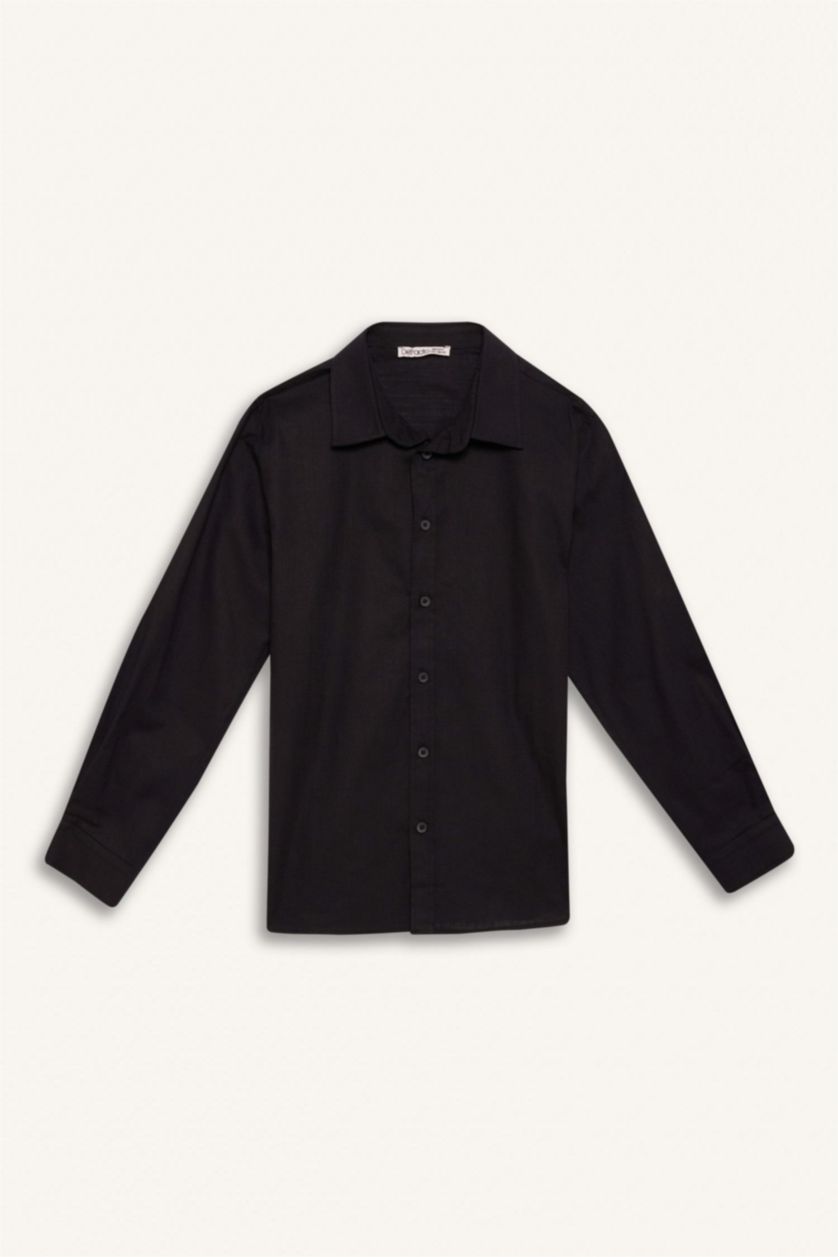 Erkek Çocuk - Genç Erkek Siyah Polo Yaka Keten Görünümlü Uzun Kollu Basic Düz Gömlek Erkek Çocuk