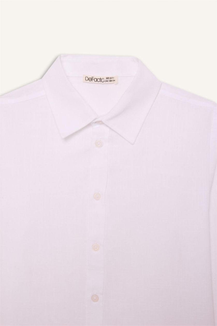 Erkek Çocuk - Genç Erkek Beyaz Polo Yaka Keten Görünümlü Uzun Kollu Basic Düz Gömlek Erkek Çocuk