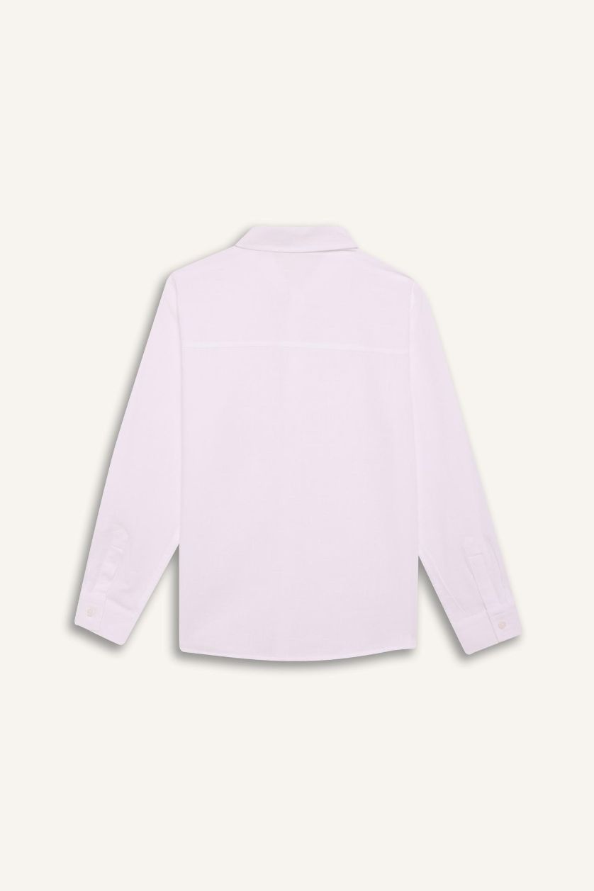 Erkek Çocuk - Genç Erkek Beyaz Polo Yaka Keten Görünümlü Uzun Kollu Basic Düz Gömlek Erkek Çocuk