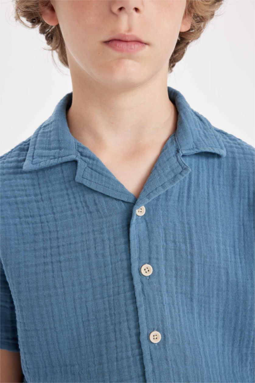 Erkek Çocuk - Genç Erkek İndigo Oversize Geniş Kalıp Polo Yaka Müslin Kısa Kollu Gömlek Erkek Çocuk