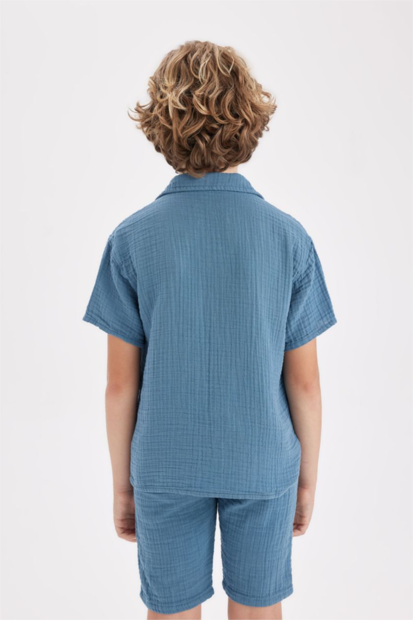 Erkek Çocuk - Genç Erkek İndigo Oversize Geniş Kalıp Polo Yaka Müslin Kısa Kollu Gömlek Erkek Çocuk