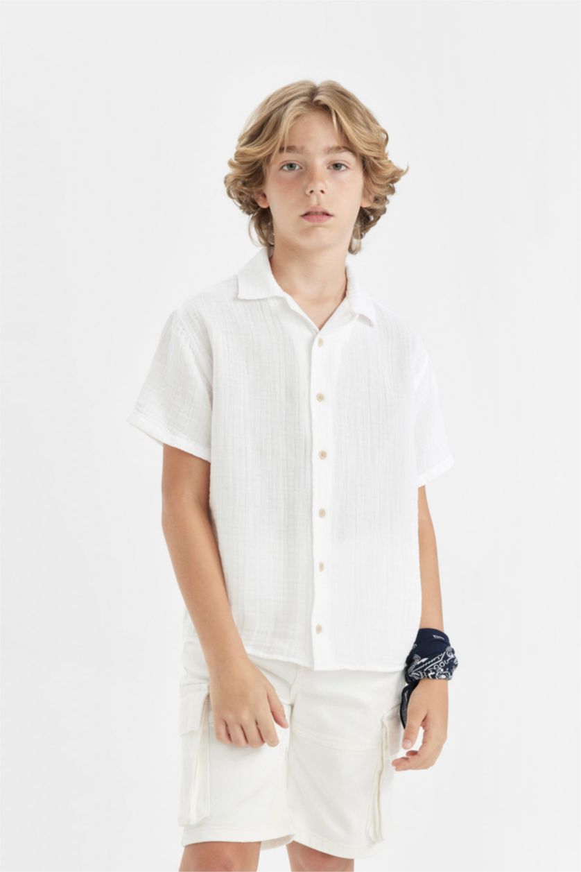 Young Boys - Teen Boys White Boy Oversize Fit Polo Neck Muslin Short Sleeve Shirt
