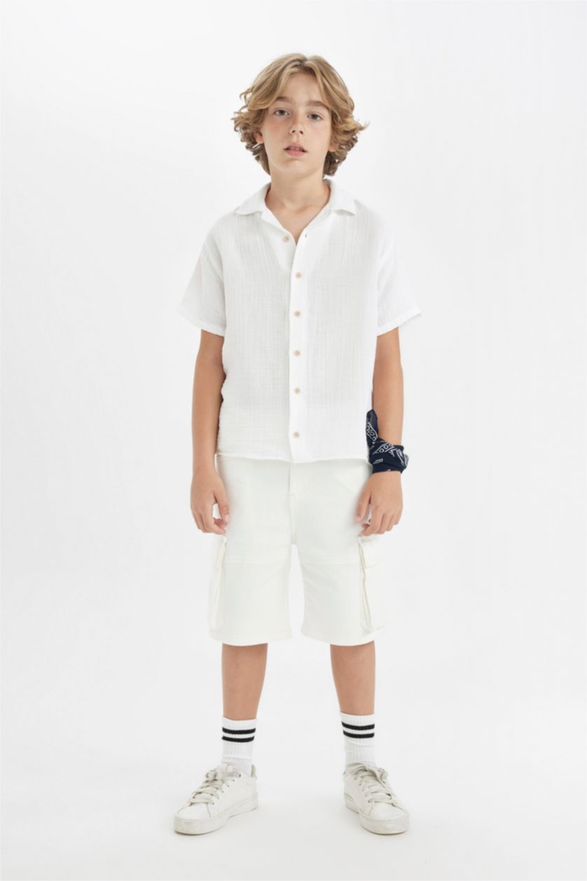 Young Boys - Teen Boys White Boy Oversize Fit Polo Neck Muslin Short Sleeve Shirt