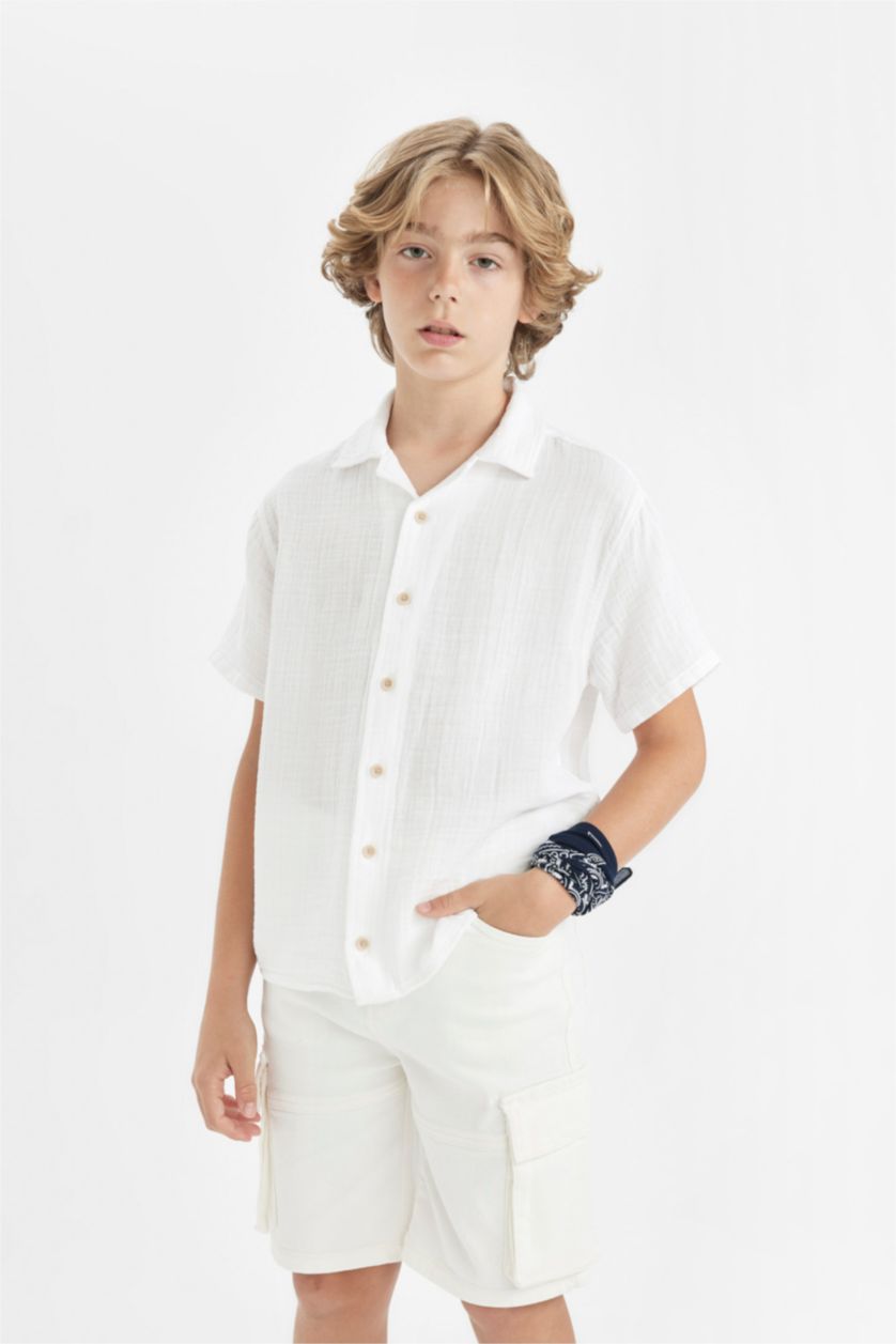 Young Boys - Teen Boys White Boy Oversize Fit Polo Neck Muslin Short Sleeve Shirt