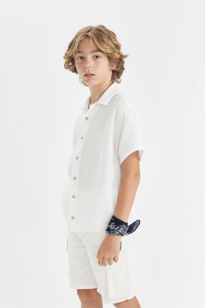 Young Boys - Teen Boys White Boy Oversize Fit Polo Neck Muslin Short Sleeve Shirt