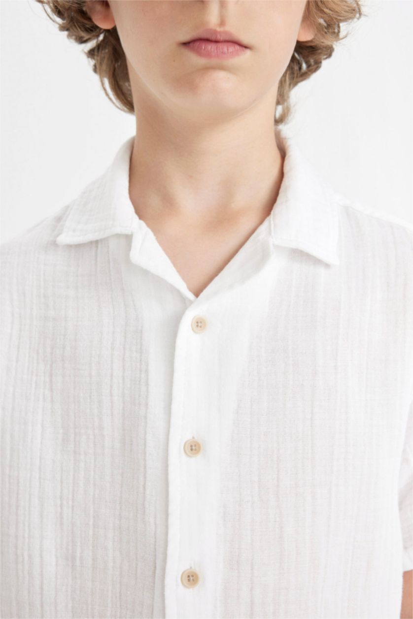 Young Boys - Teen Boys White Boy Oversize Fit Polo Neck Muslin Short Sleeve Shirt