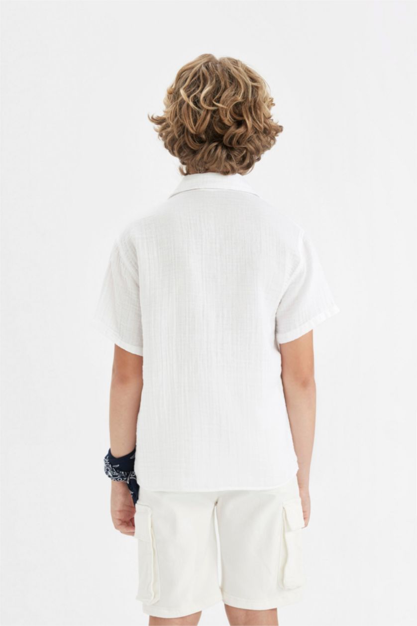 Young Boys - Teen Boys White Boy Oversize Fit Polo Neck Muslin Short Sleeve Shirt