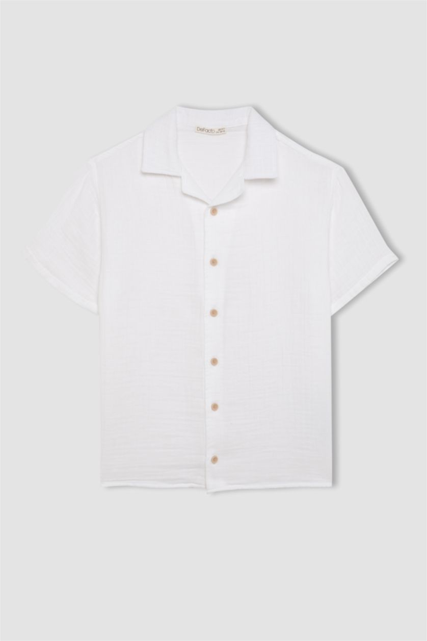 Young Boys - Teen Boys White Boy Oversize Fit Polo Neck Muslin Short Sleeve Shirt