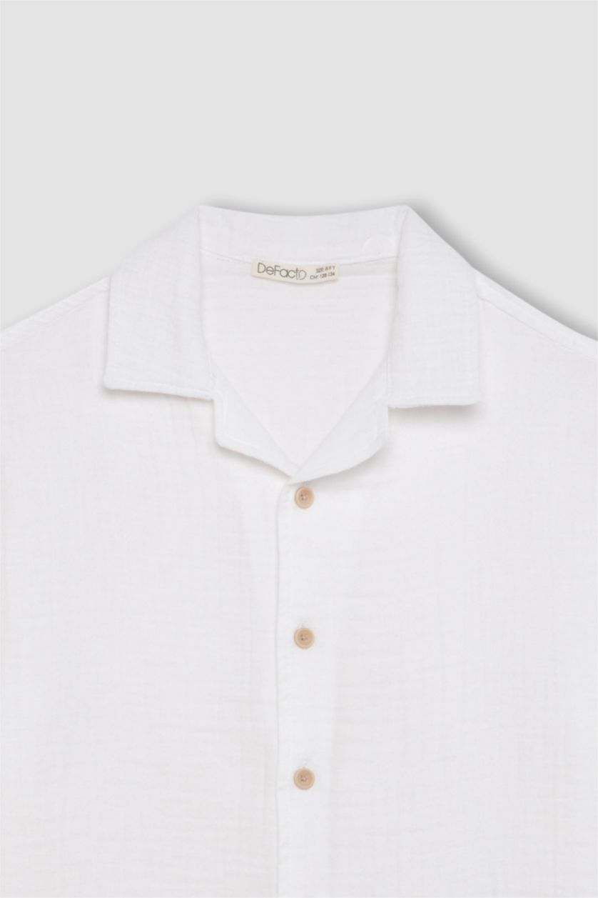 Young Boys - Teen Boys White Boy Oversize Fit Polo Neck Muslin Short Sleeve Shirt