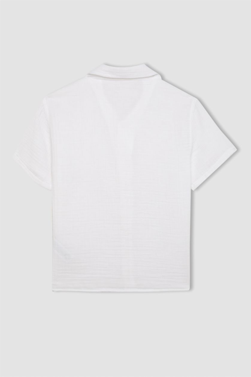 Young Boys - Teen Boys White Boy Oversize Fit Polo Neck Muslin Short Sleeve Shirt