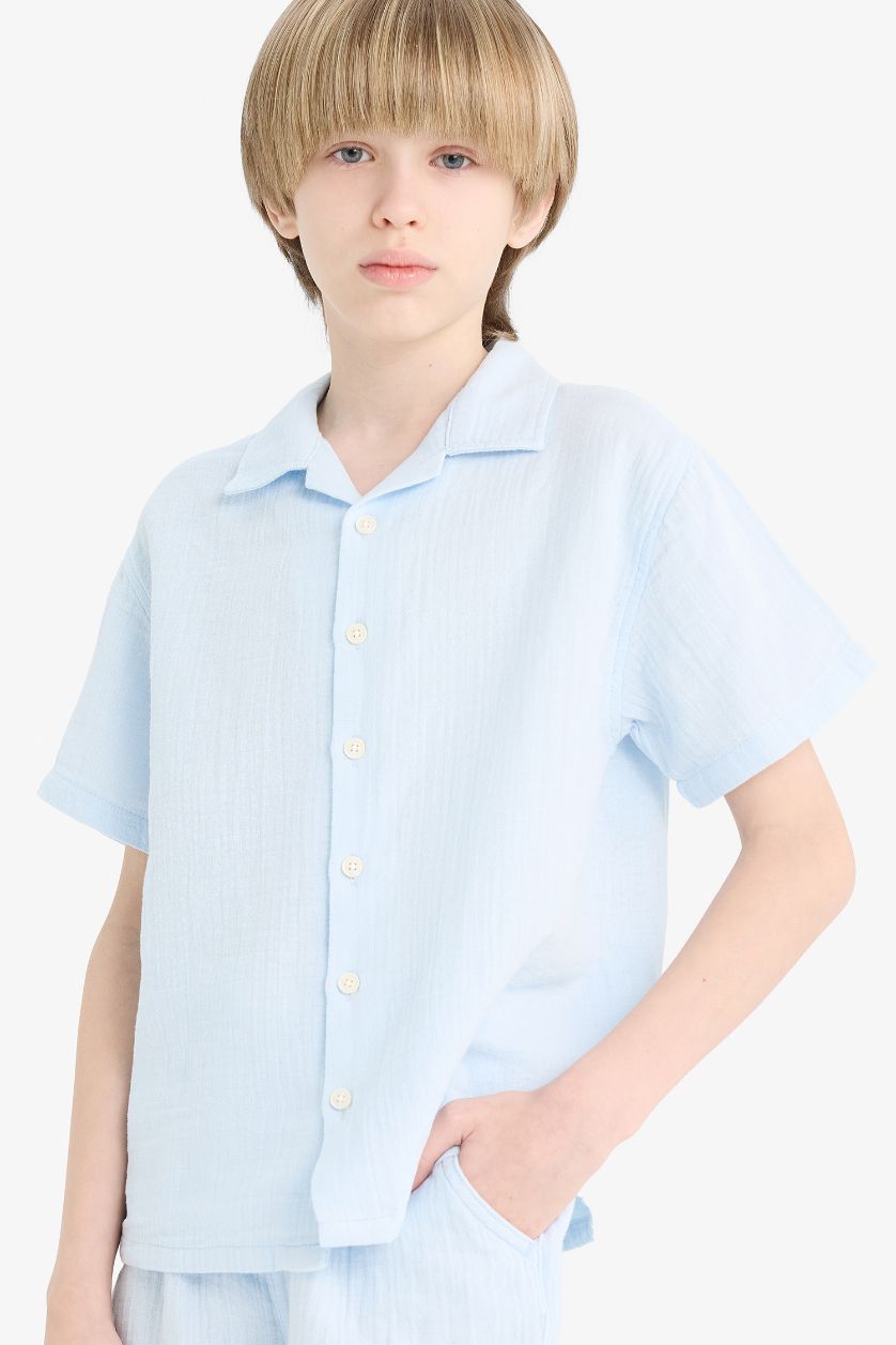 Erkek Çocuk - Genç Erkek Açık Mavi Oversize Geniş Kalıp Polo Yaka Müslin Kısa Kollu Gömlek Erkek Çocuk