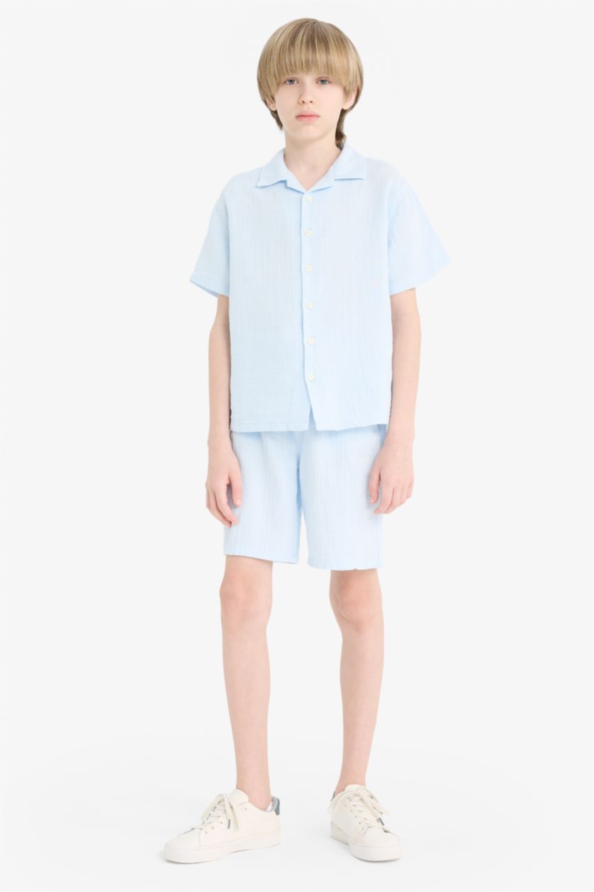 Erkek Çocuk - Genç Erkek Açık Mavi Oversize Geniş Kalıp Polo Yaka Müslin Kısa Kollu Gömlek Erkek Çocuk