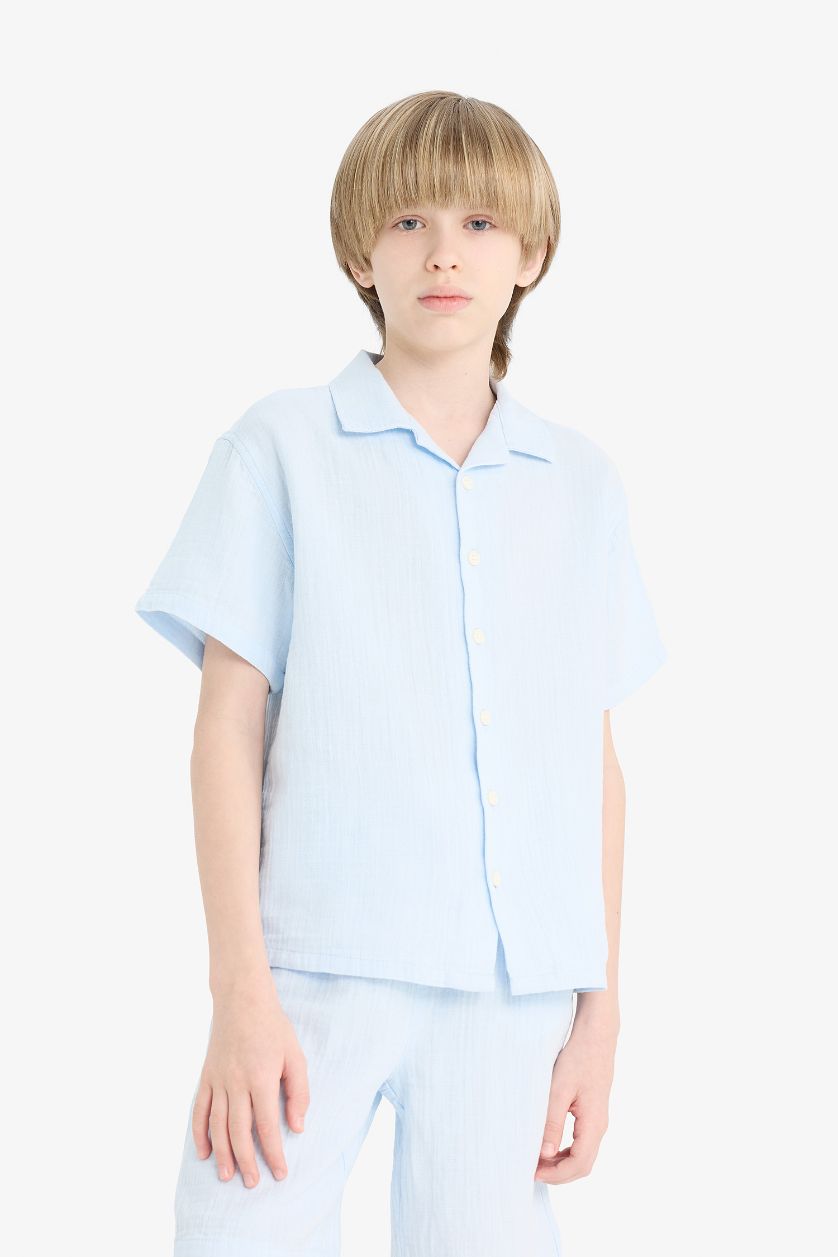 Erkek Çocuk - Genç Erkek Açık Mavi Oversize Geniş Kalıp Polo Yaka Müslin Kısa Kollu Gömlek Erkek Çocuk