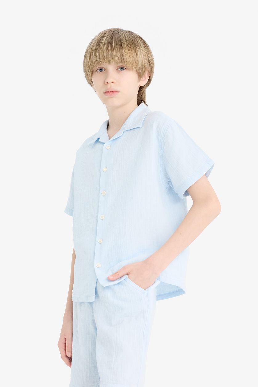 Erkek Çocuk - Genç Erkek Açık Mavi Oversize Geniş Kalıp Polo Yaka Müslin Kısa Kollu Gömlek Erkek Çocuk