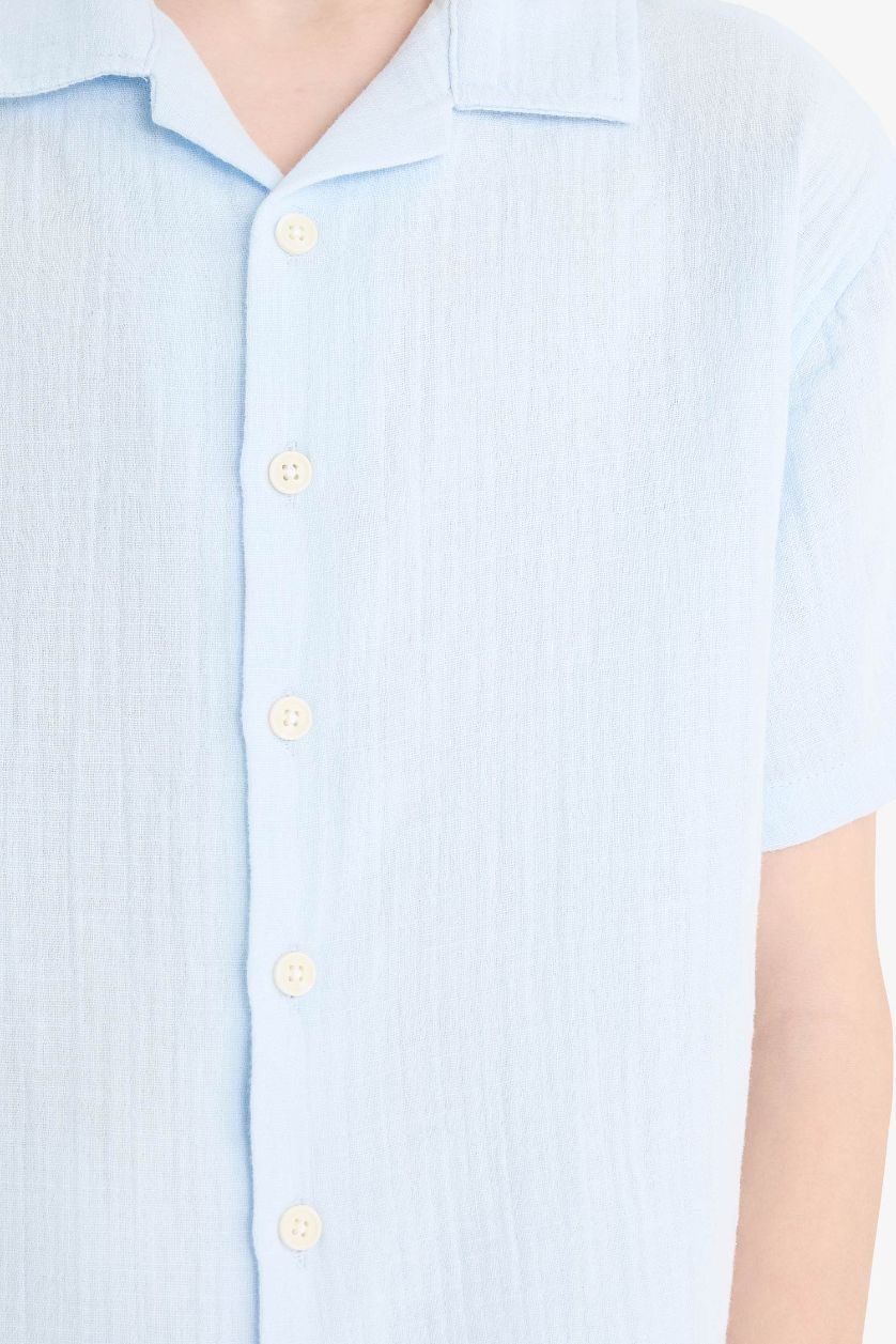 Erkek Çocuk - Genç Erkek Açık Mavi Oversize Geniş Kalıp Polo Yaka Müslin Kısa Kollu Gömlek Erkek Çocuk