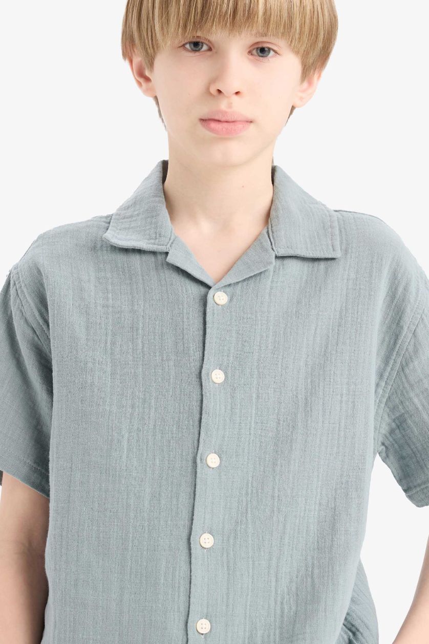 Erkek Çocuk - Genç Erkek Mat Mavi Oversize Geniş Kalıp Polo Yaka Müslin Kısa Kollu Gömlek Erkek Çocuk