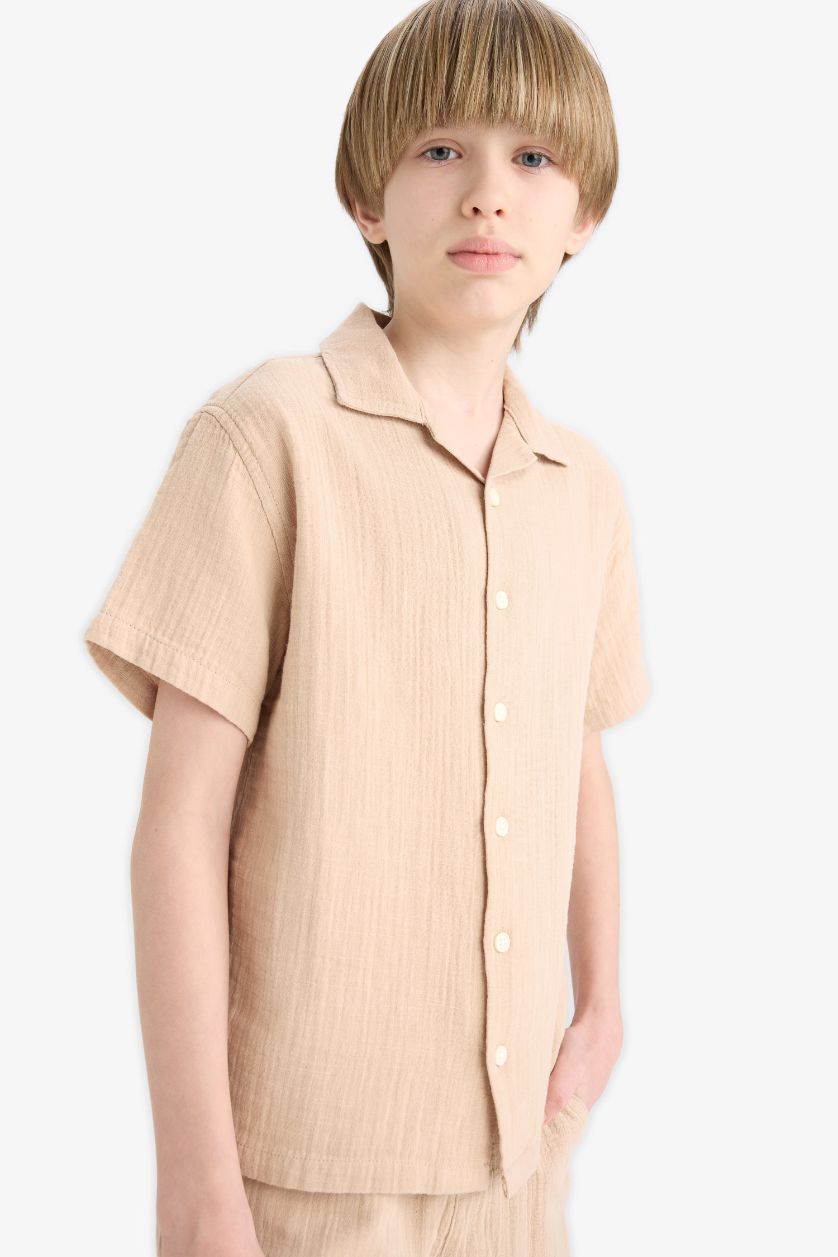 Erkek Çocuk - Genç Erkek Bej Oversize Geniş Kalıp Polo Yaka Müslin Kısa Kollu Gömlek Erkek Çocuk