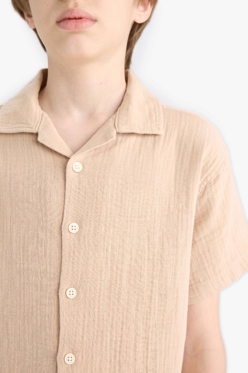 Erkek Çocuk - Genç Erkek Bej Oversize Geniş Kalıp Polo Yaka Müslin Kısa Kollu Gömlek Erkek Çocuk