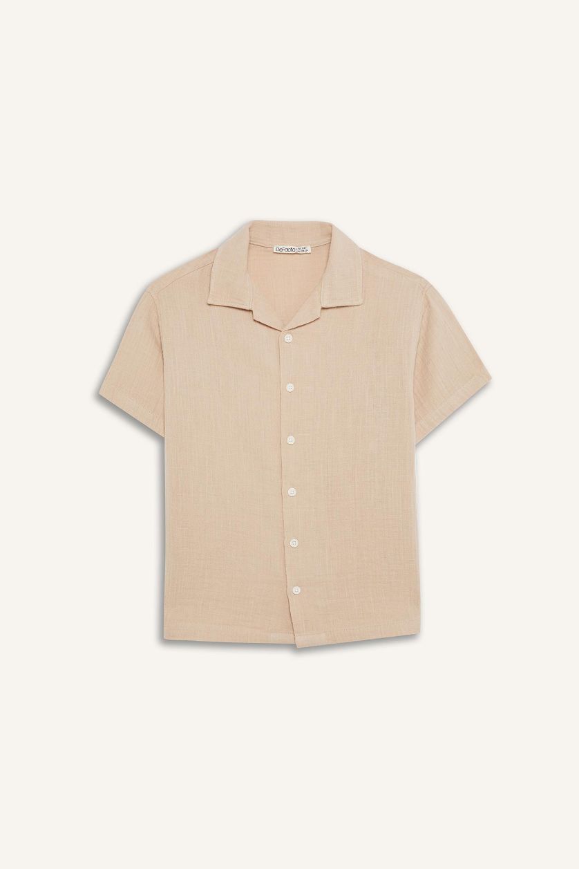 Erkek Çocuk - Genç Erkek Bej Oversize Geniş Kalıp Polo Yaka Müslin Kısa Kollu Gömlek Erkek Çocuk