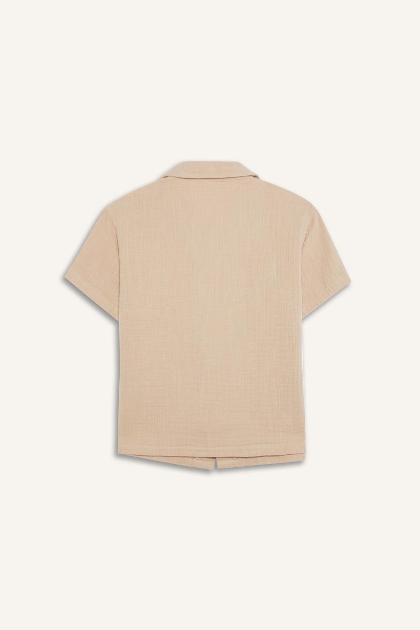 Erkek Çocuk - Genç Erkek Bej Oversize Geniş Kalıp Polo Yaka Müslin Kısa Kollu Gömlek Erkek Çocuk