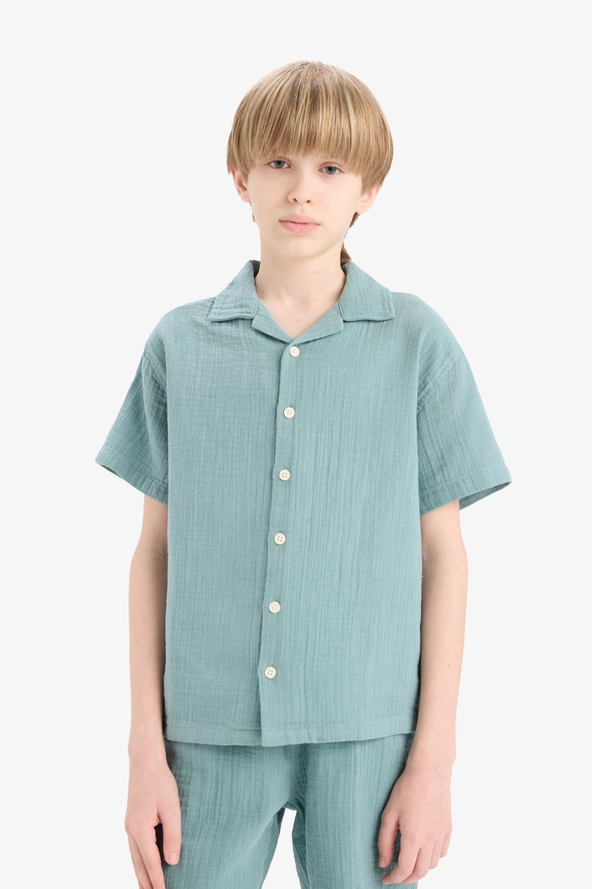 Erkek Çocuk - Genç Erkek Yeşil Oversize Geniş Kalıp Polo Yaka Müslin Kısa Kollu Gömlek Erkek Çocuk