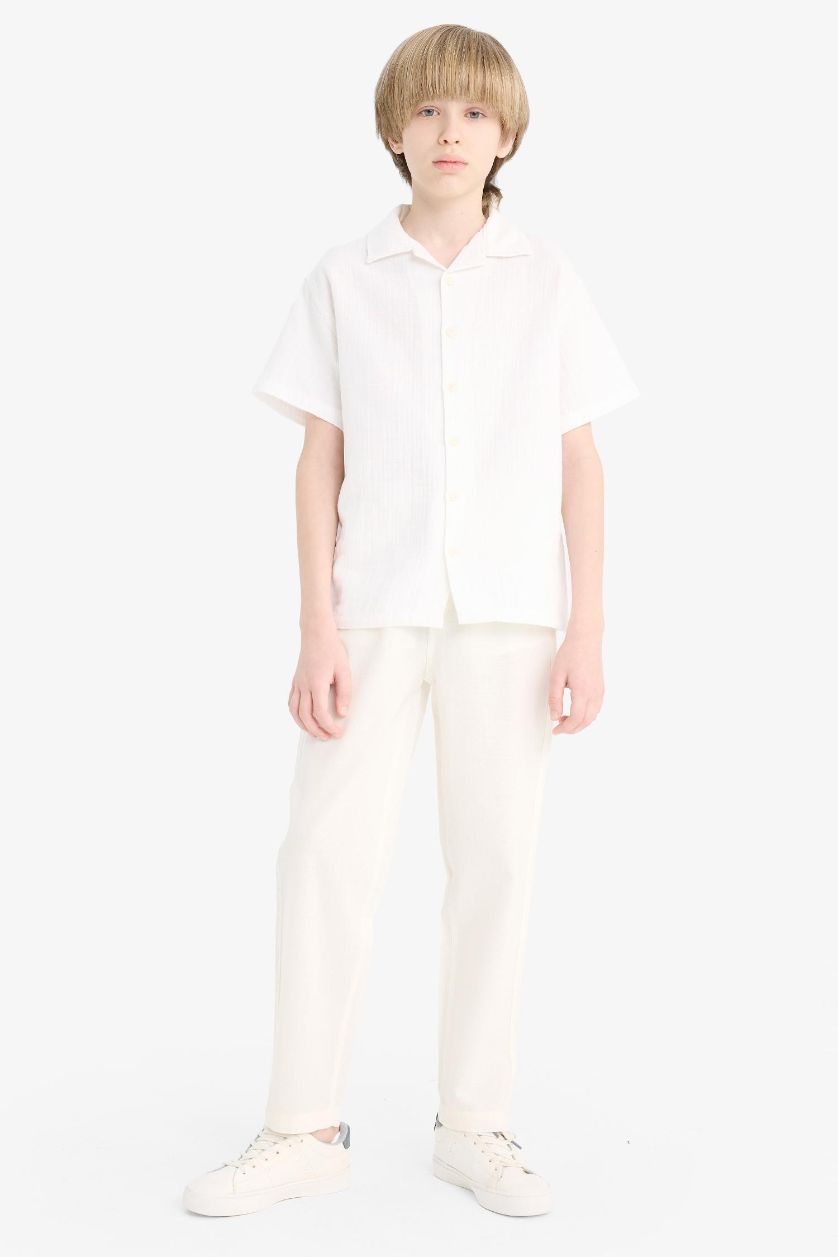 Erkek Çocuk - Genç Erkek Beyaz Oversize Geniş Kalıp Polo Yaka Müslin Kısa Kollu Gömlek Erkek Çocuk