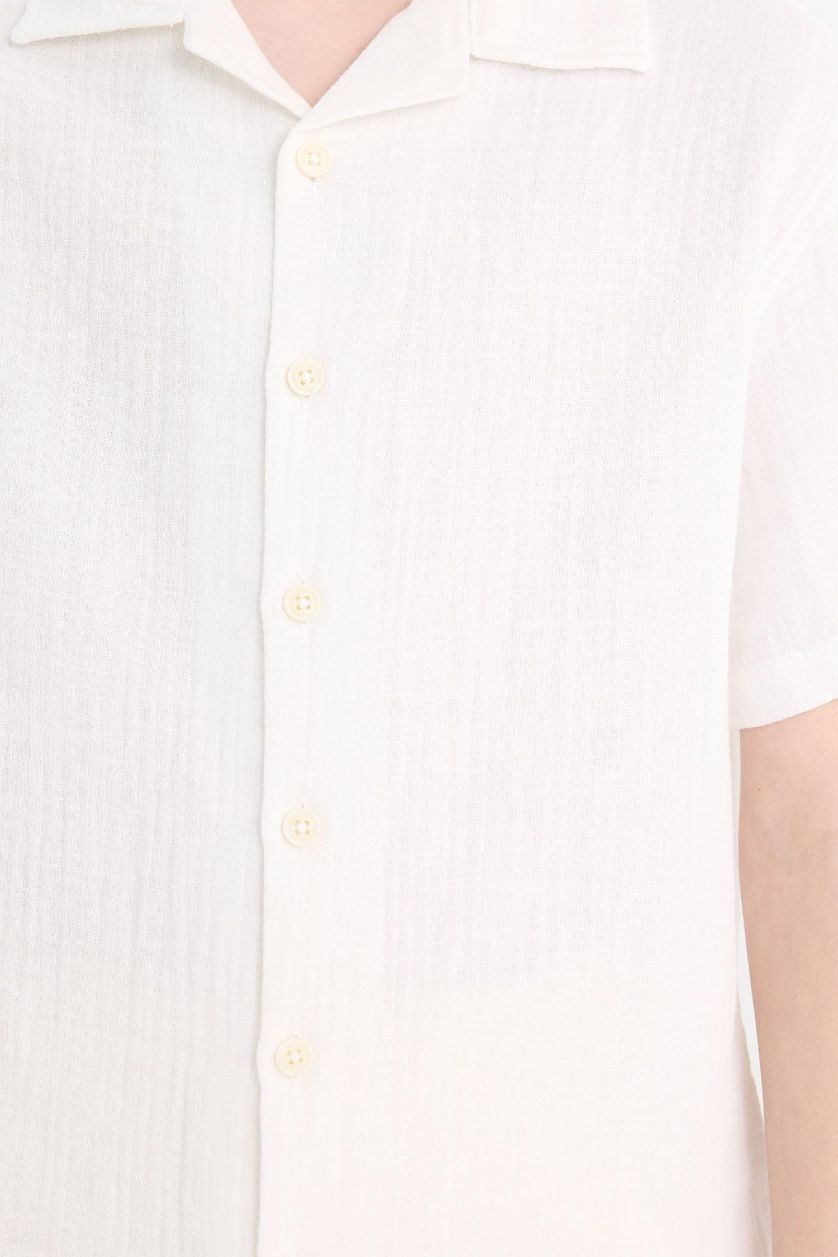 Erkek Çocuk - Genç Erkek Beyaz Oversize Geniş Kalıp Polo Yaka Müslin Kısa Kollu Gömlek Erkek Çocuk