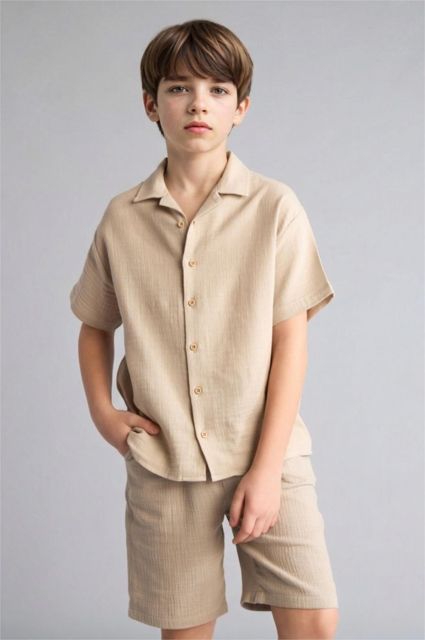 Erkek Çocuk - Genç Erkek Bej Oversize Kısa kollu Müslin Gömlek Erkek Çocuk