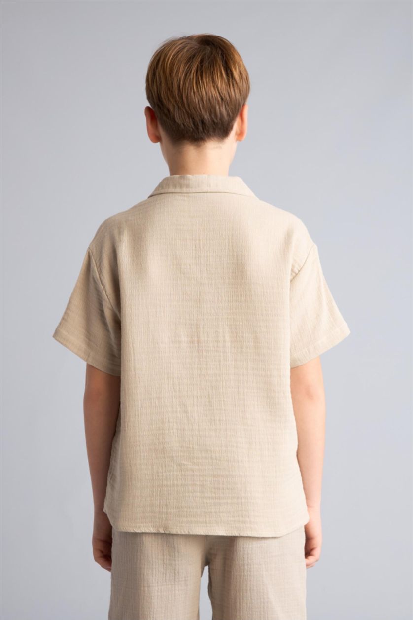 Erkek Çocuk - Genç Erkek Bej Oversize Kısa kollu Müslin Gömlek Erkek Çocuk