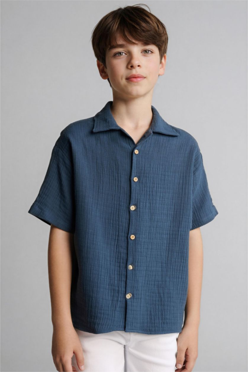 Erkek Çocuk - Genç Erkek İndigo Oversıze Müslin Gömlek 