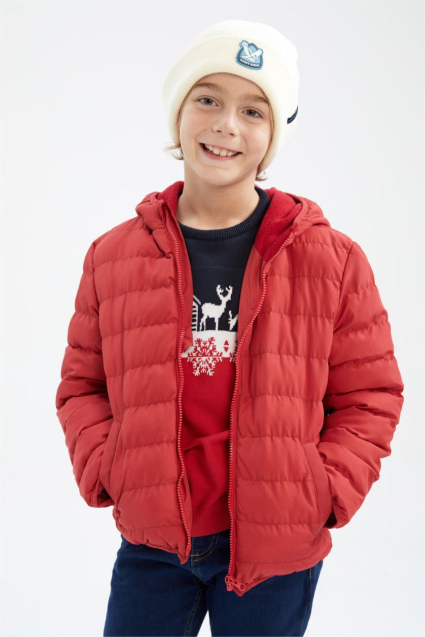 BOYS & TEENS Red Boy Hooded Fleece Lined Puffer Jacket