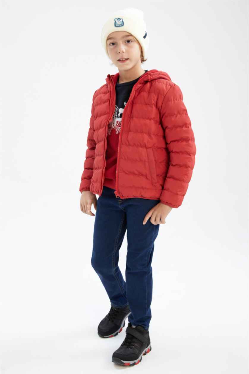 BOYS & TEENS Red Boy Hooded Fleece Lined Puffer Jacket