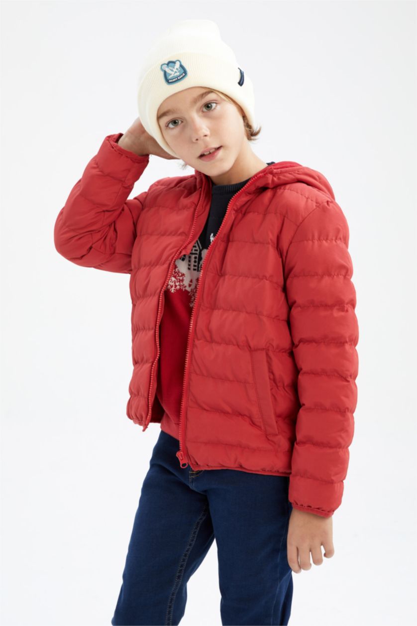 BOYS & TEENS Red Boy Hooded Fleece Lined Puffer Jacket