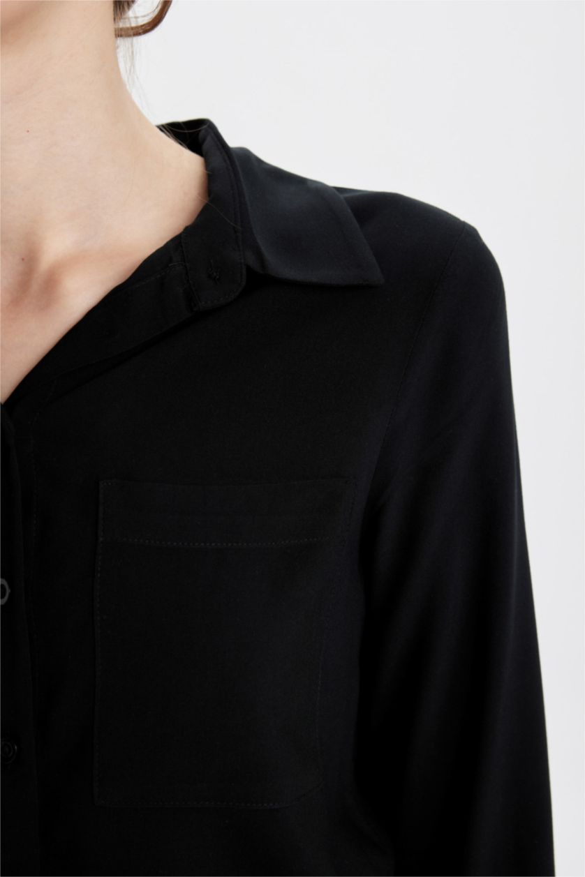 حريمي أسود قميص كم طويل قصة عادية بياقة قميص