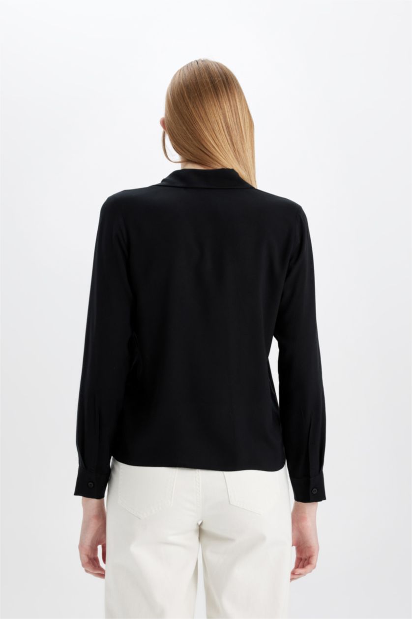 حريمي أسود قميص كم طويل قصة عادية بياقة قميص