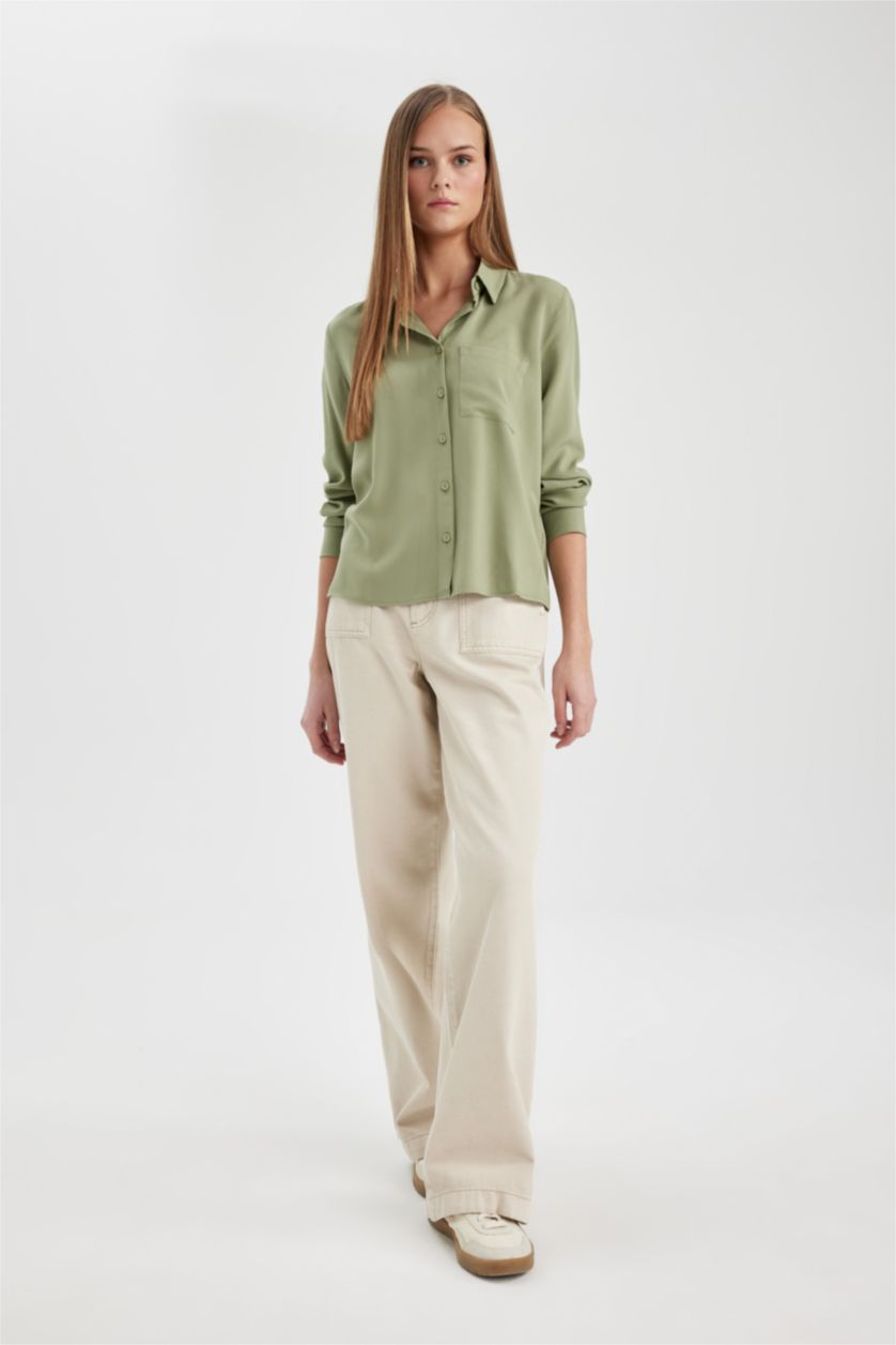 FEMME Kaki Chemise Basique coupe régulière à Manches Longues