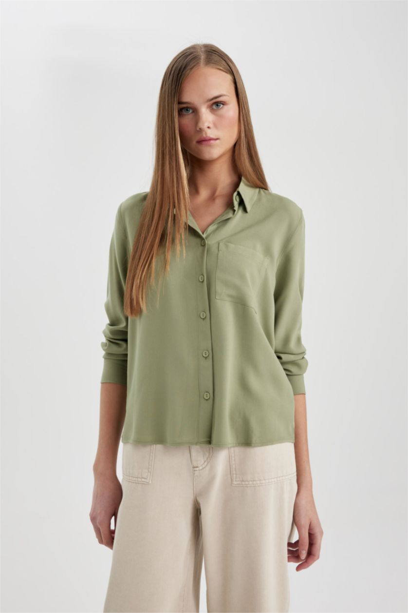 FEMME Kaki Chemise Basique coupe régulière à Manches Longues