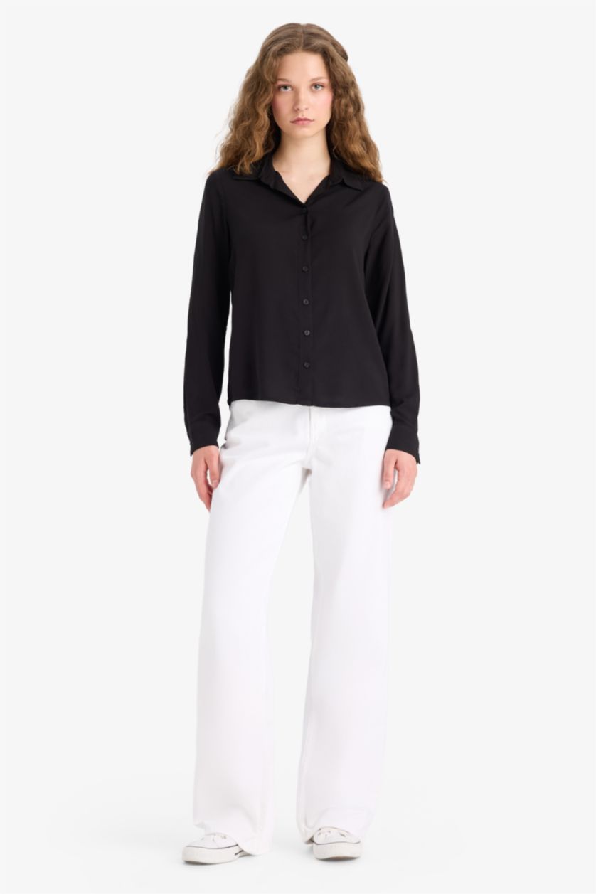 WOMAN Black Regular Fit Shirt Collar Long Sleeve Shirt