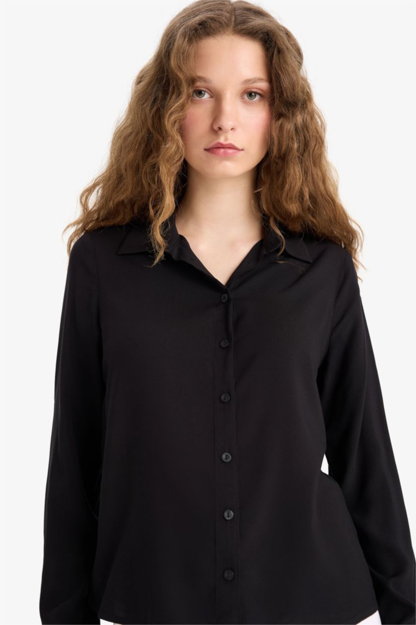 WOMAN Black Regular Fit Shirt Collar Long Sleeve Shirt