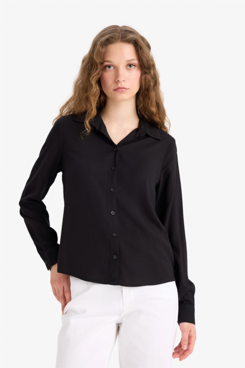 WOMAN Black Regular Fit Shirt Collar Long Sleeve Shirt