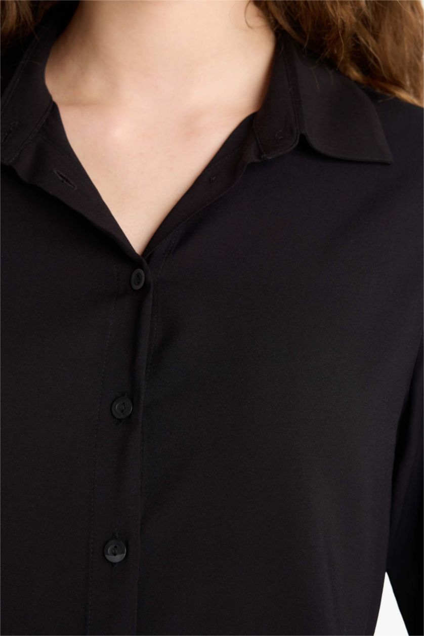 WOMAN Black Regular Fit Shirt Collar Long Sleeve Shirt