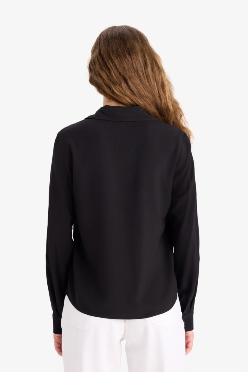 WOMAN Black Regular Fit Shirt Collar Long Sleeve Shirt