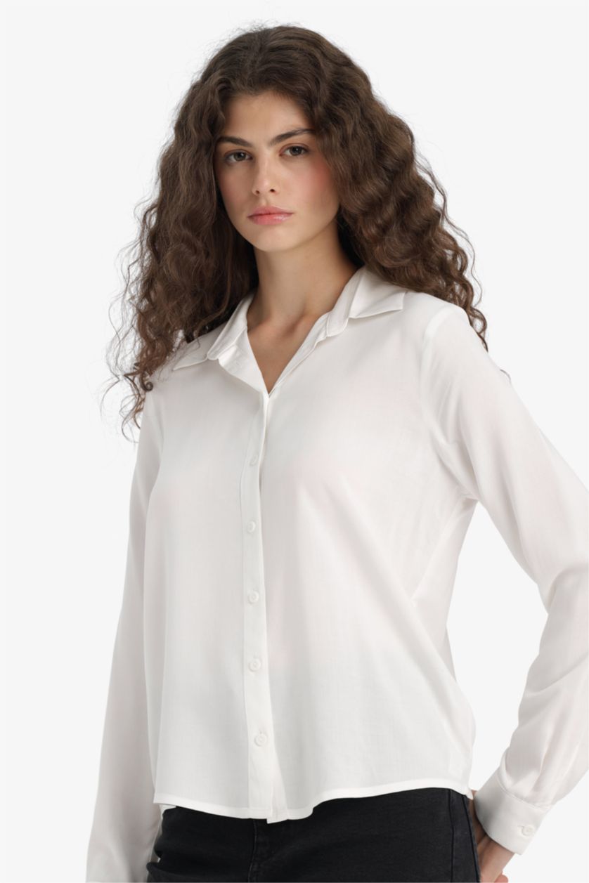 Woman White Regular Fit Shirt Collar Long Sleeve Shirt