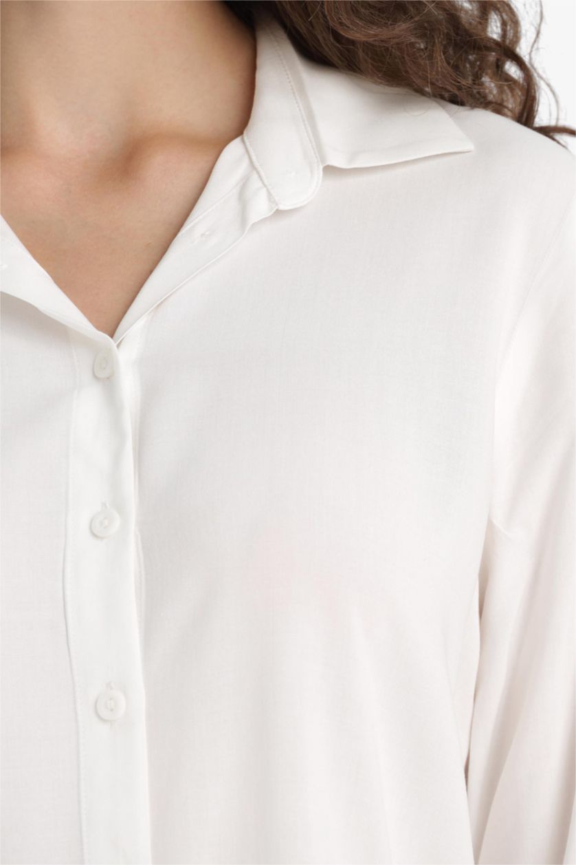 Woman White Regular Fit Shirt Collar Long Sleeve Shirt