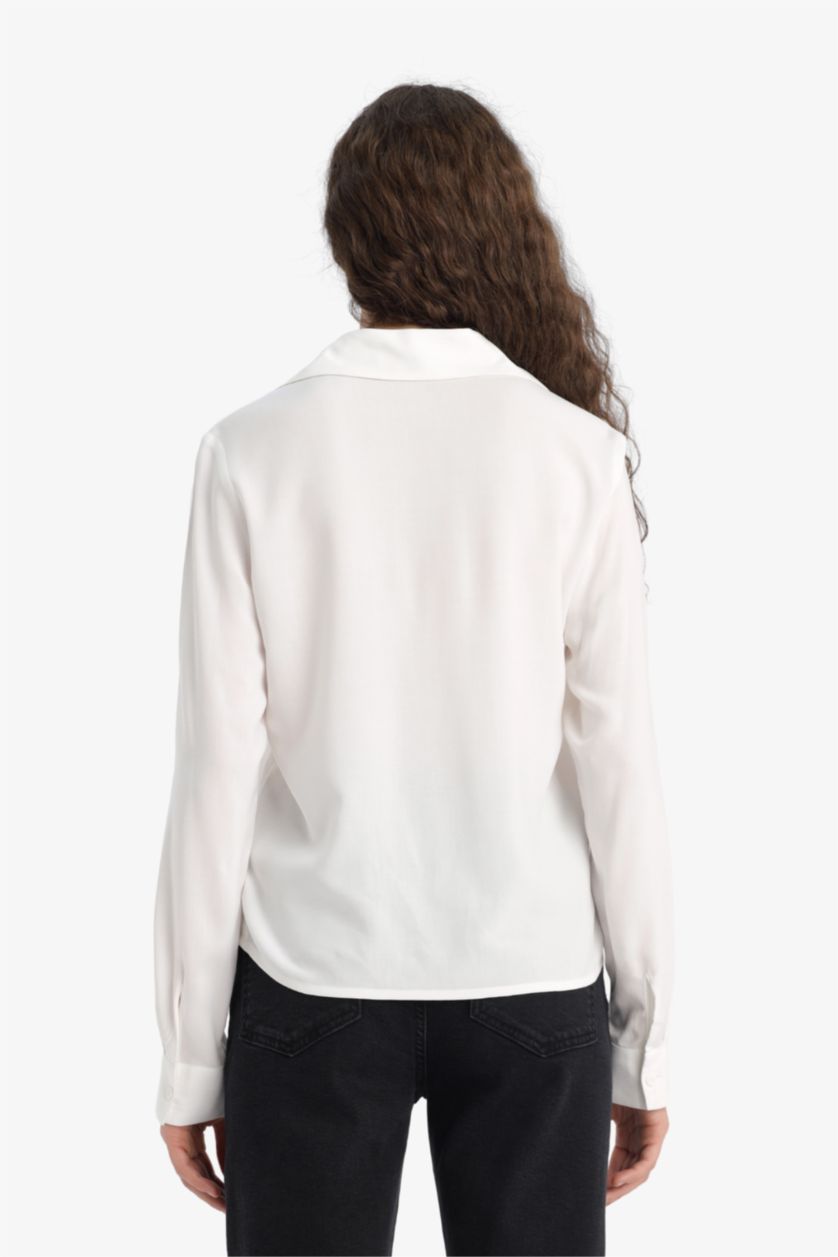 Woman White Regular Fit Shirt Collar Long Sleeve Shirt