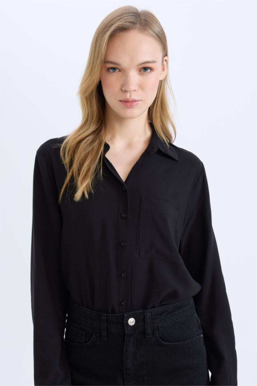 نساء أسود قميص بيزك قصة عادية ردن طويل