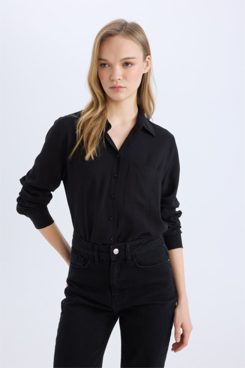 نساء أسود قميص بيزك قصة عادية ردن طويل